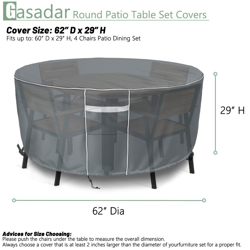 Gasadar غطاء أثاث خارجي دائري مقاوم للماء من جاسادار، أغطية أثاث فناء دائرية لمجموعة طاولة وكراسي الفناء، قماش متين 600D، قطر 62 بوصة × ارتفاع 28 بوصة، رمادي - Image 2